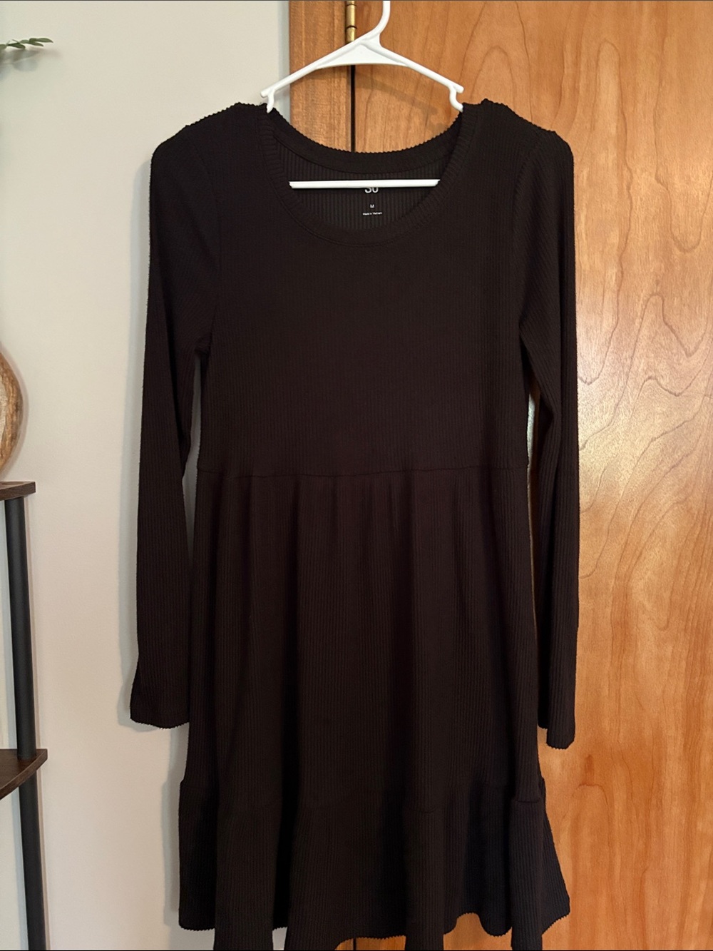 SO Women's Long Sleeve Black Ribbed Swing Dress